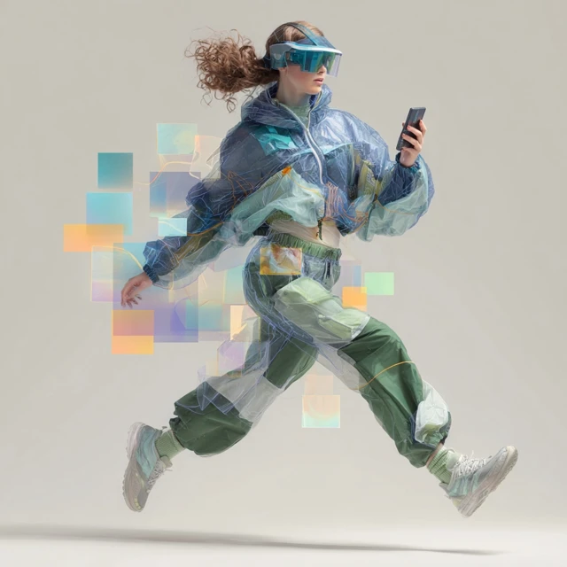Sportswear Model Jumping with Phone 3D Pastel Background