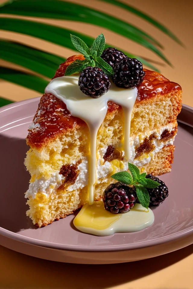 Vanilla Cake Slice with Condensed Milk and Blackberries