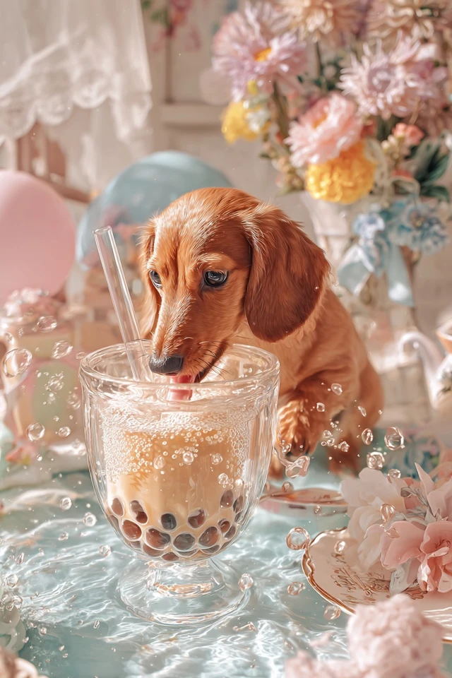 Cute Dachshund in Milk Tea Vintage Pastel Scene