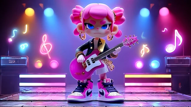 Pink Haired Guitarist on Stage 3D Cartoon