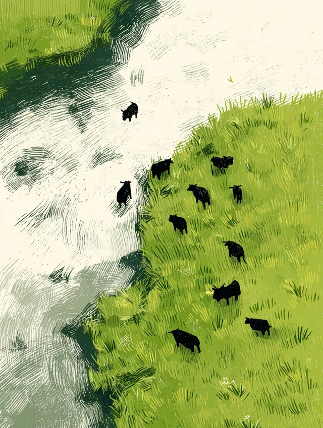 Cows Crossing River Top Down View Illustration