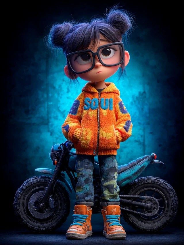 3D Cartoon Girl with Motorcycle Cool Pixar Style