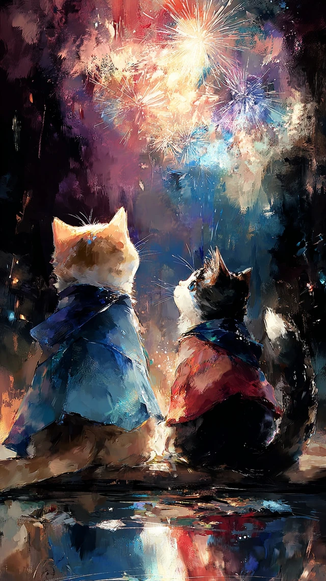 Kittens Ponchos Fireworks Japanese Summer Night