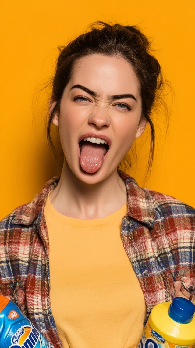 Woman Making Funny Face Holding Cleaning Products