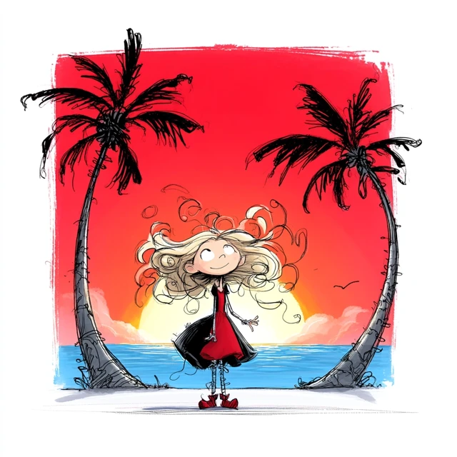 Sunset Beach Scene with Palm Trees and a Girl