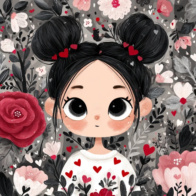 Cute Chibi Girl in Floral Garden