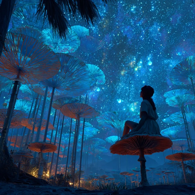 Woman on Mushroom Fantasy Night Sky Photo