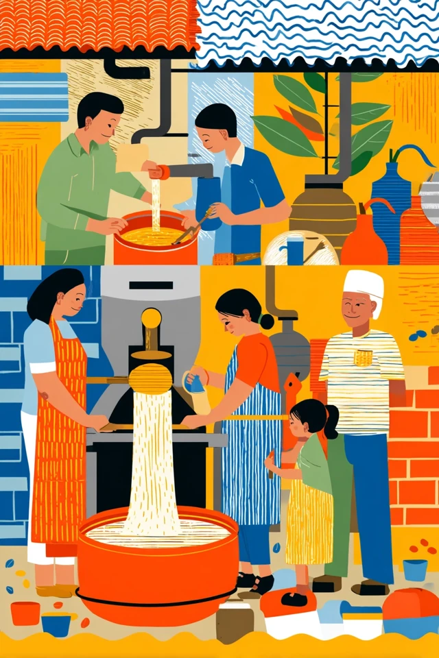 Family Coffee Processing Cartoon Illustration