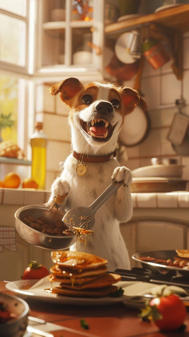 Dog Cooking Pancakes in the Kitchen Joyful Illustration