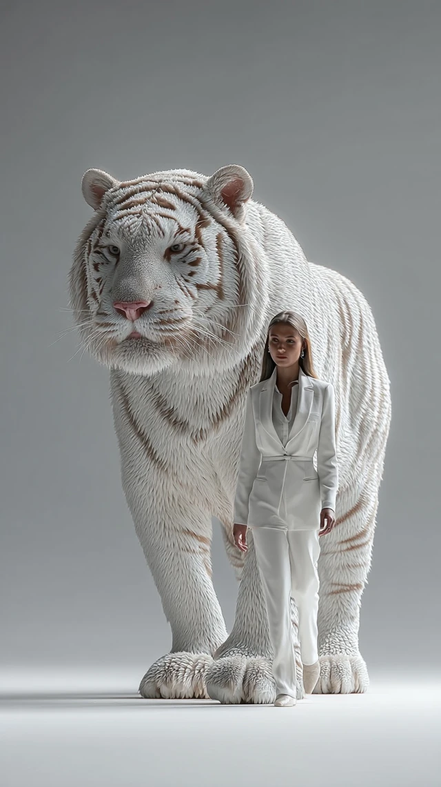 Woman and White Tiger Hyper Realistic Portrait