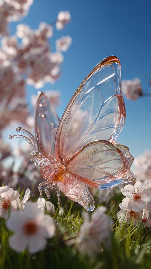 Glass Butterfly in Springtime Flowers
