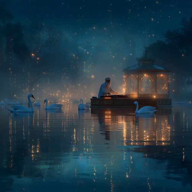 DJ on a Pond Moonlit Scene with Swans