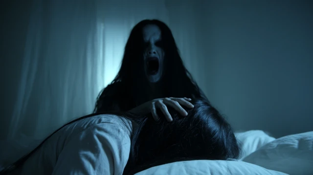 Ghostly Figure Haunts Sleeping Woman in Eerie Scene