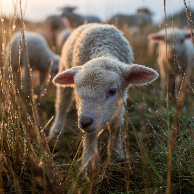 Lamb Grazing in Morning Grassland Dewdrops