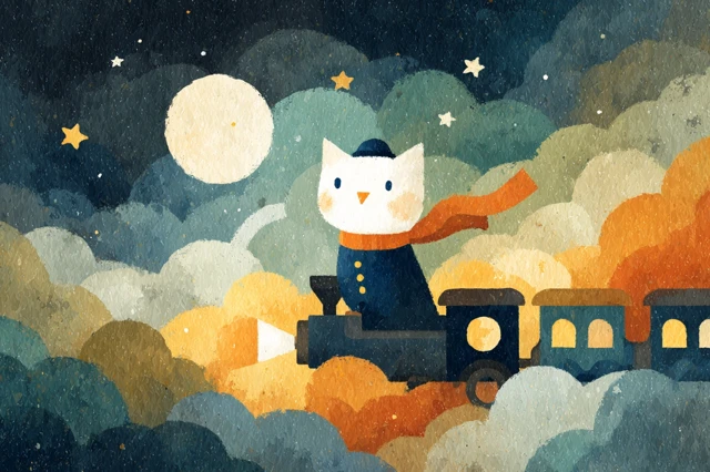 Whimsical Watercolor Train Cat Illustration