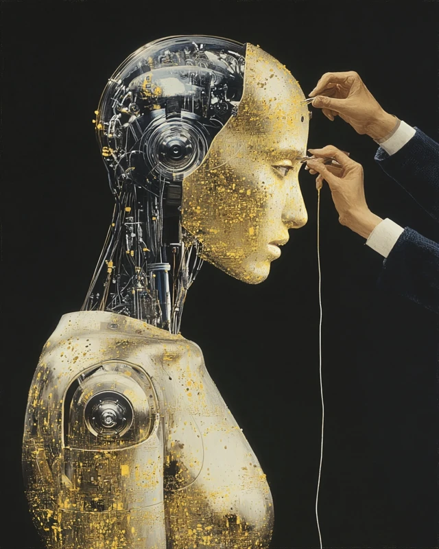 Cyborg Engineer in Future Lab Creating Humanoid Alien