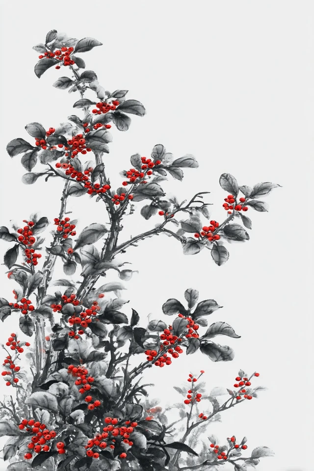 Chinese Ink Painting Holly Tree with Red Berries