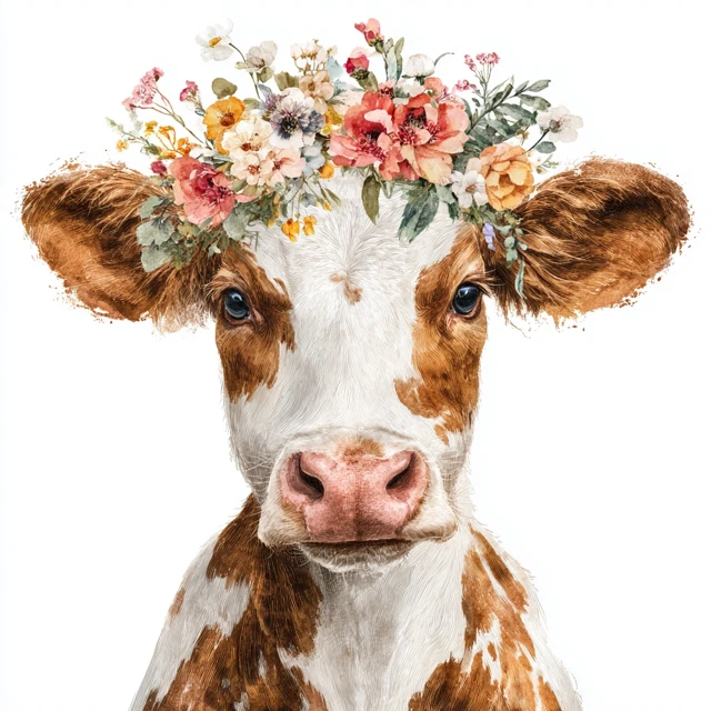 Cute Watercolor Cow with Flower Crown