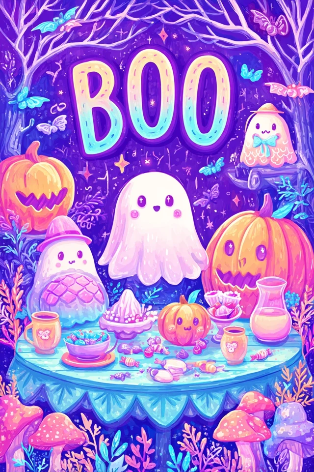 Cute Halloween Boo Scene Ghosts Pumpkins and Candy