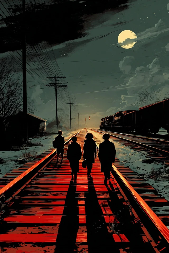 Schoolchildren on Train Tracks at Night Illustration