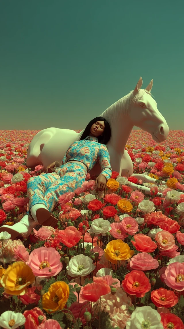 Surreal Dreamlike Photo of Woman and Horse in Poppy Field