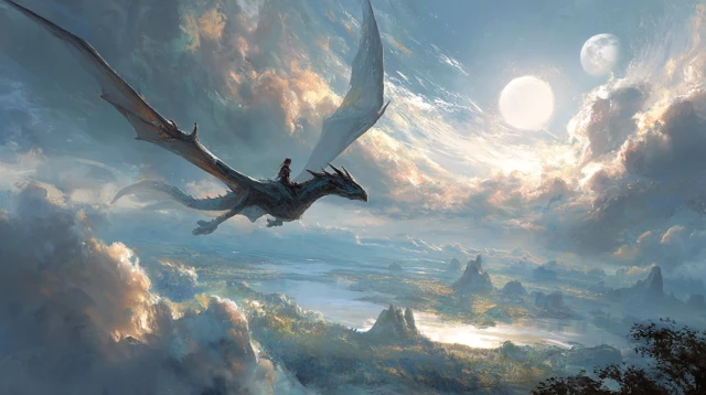 Fantasy Dragon Flight Landscape with Two Suns