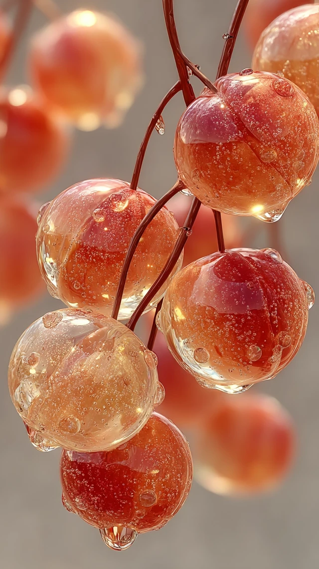 Glass Peaches Macro Shot: Dewdrops, Refraction, Sunlight