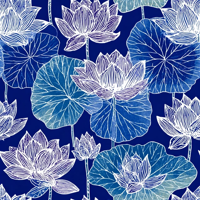 Lotus Flower Pattern Indigo Background Minimalist Design