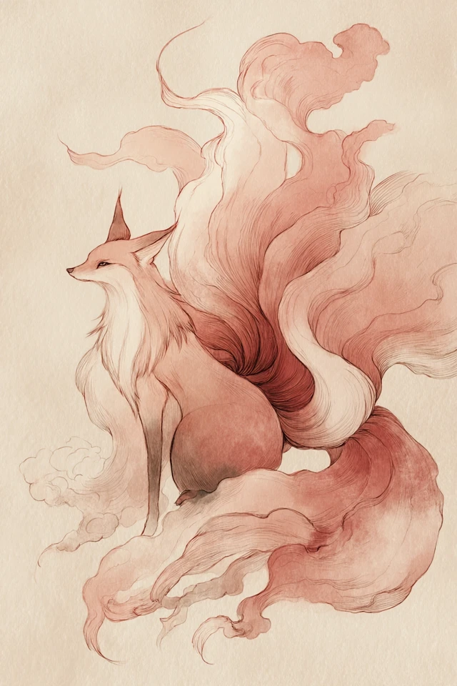 Nine-Tailed Fox Watercolor Painting Mythical Creature