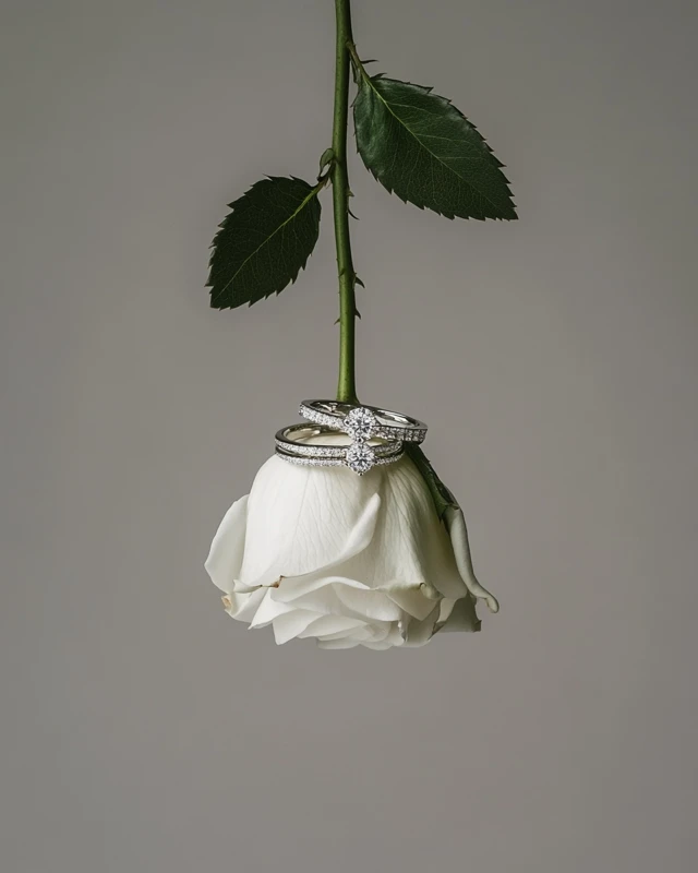 Diamond Rings on White Rose Product Photography
