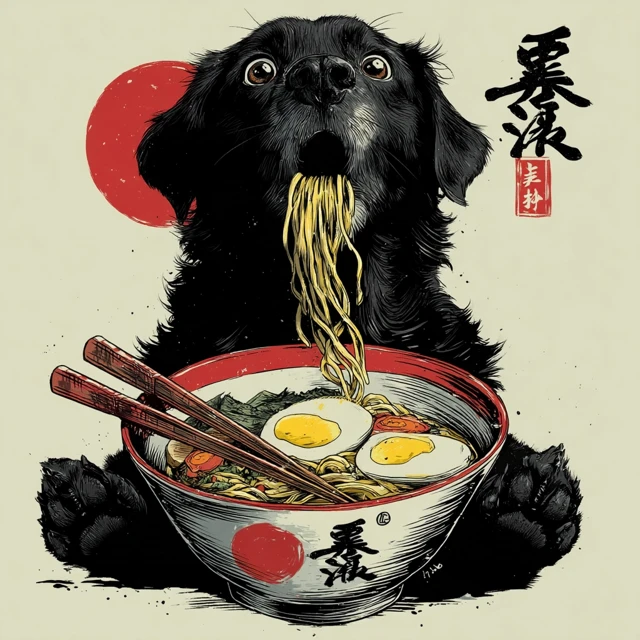 Dog Eating Ramen Illustration - Quirky Cartoon Art