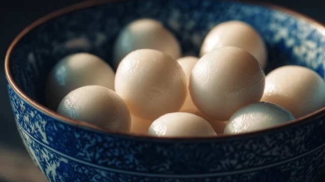 Chinese Dessert Glutinous Rice Balls in Porcelain Bowl