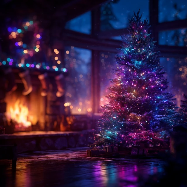 Christmas Tree Living Room Fireplace Night