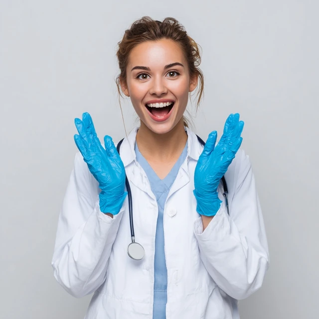 Joyful Doctor in White Coat and Gloves