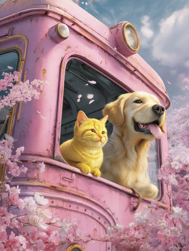 Cute Cat and Golden Retriever in a Pink Train