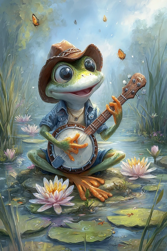 Banjo Playing Frog Illustration in Tiago Hoisel Style