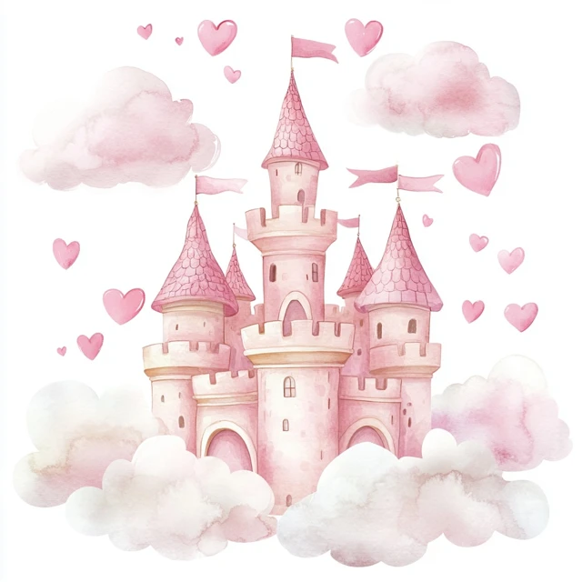 Whimsical Pink Fairytale Castle Watercolor Art