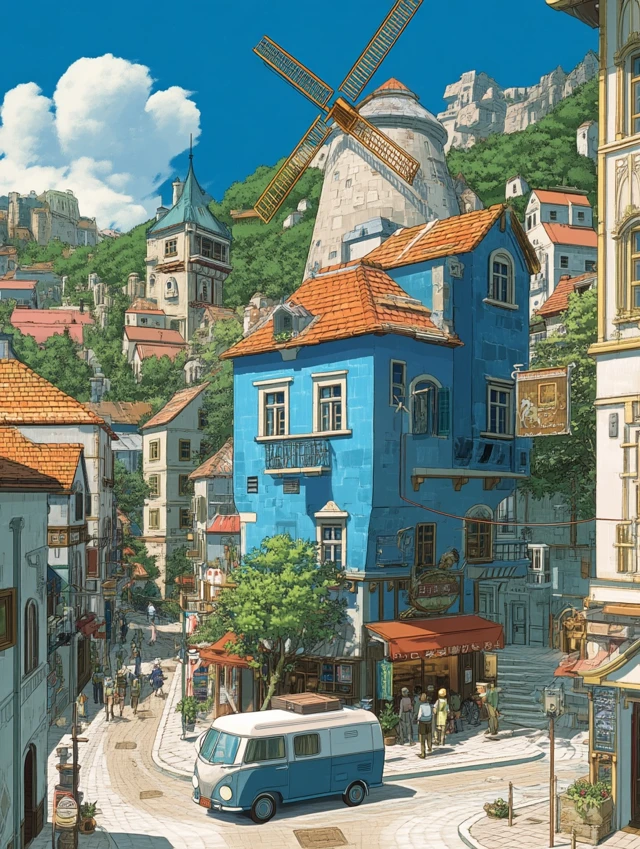 Medieval Town Illustration in Ghibli Style