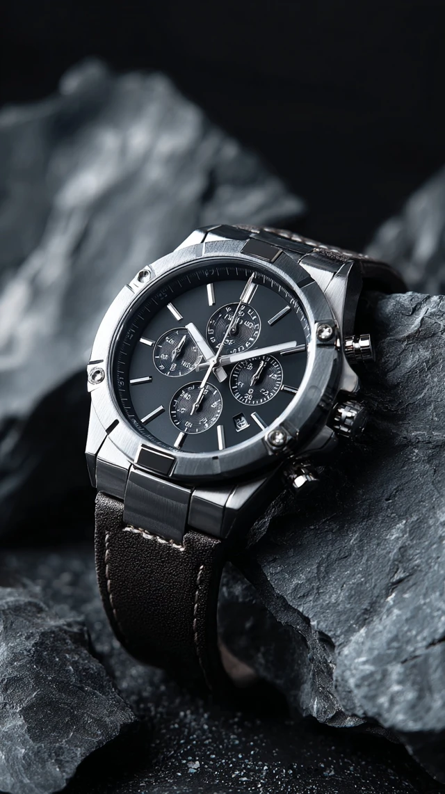 Luxury Silver Chronograph Watch on Dark Stone