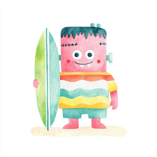 Frankenstein Monster Surfing Watercolor Illustration