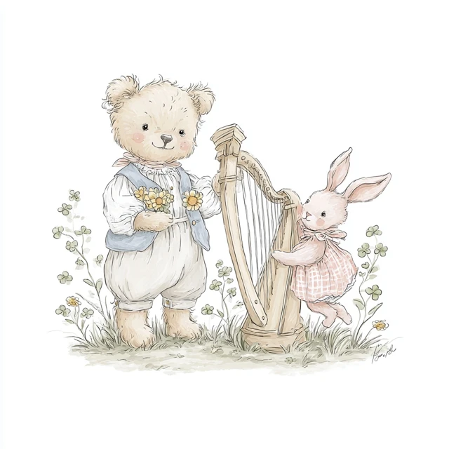 Vintage Fairytale Teddy Bear and Bunny Illustration