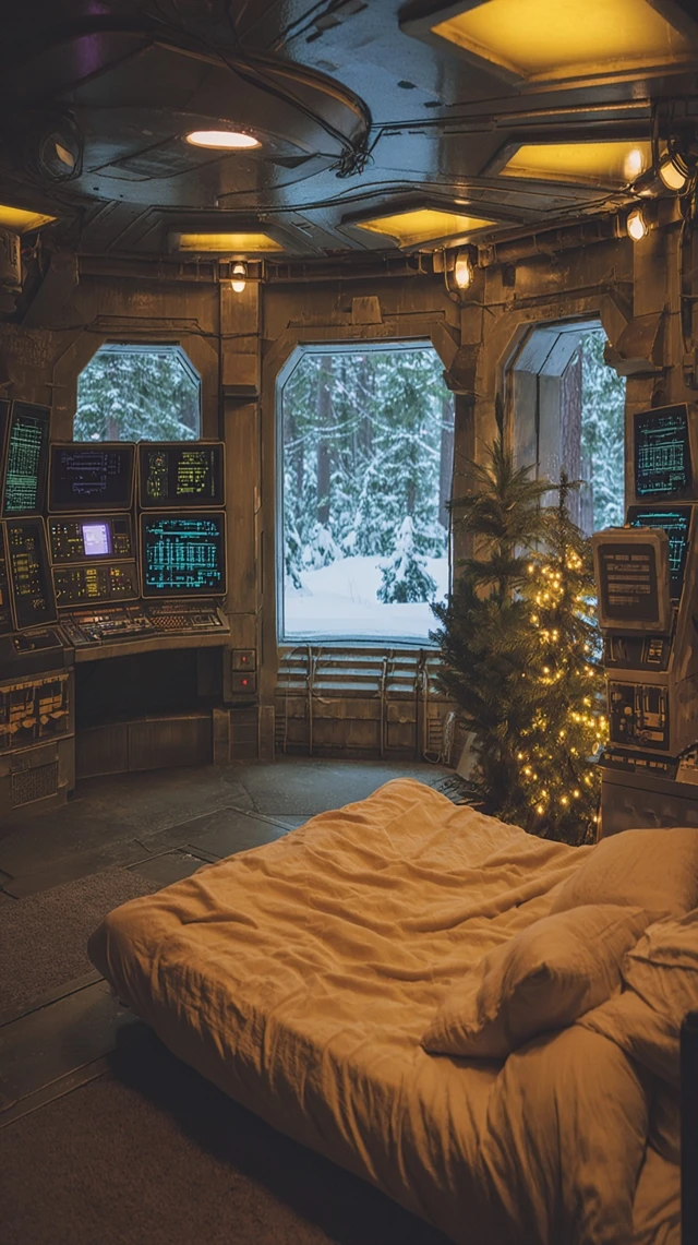 Retro Spaceship Interior Christmas Winter Scene