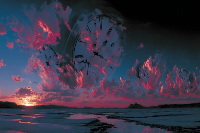 Surreal Time Travel: Hourglass in Red Sky