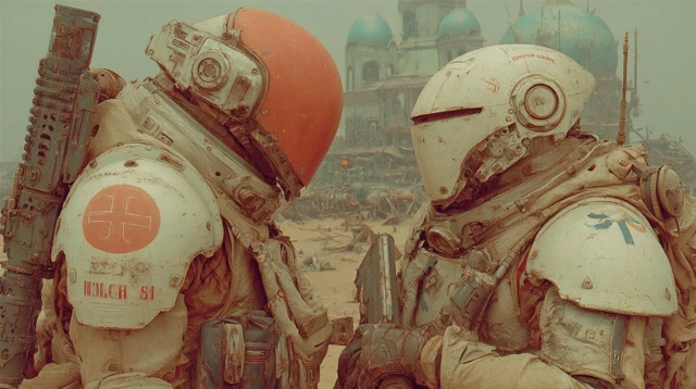 Exoskeleton Warriors in PostApocalyptic Wasteland Art