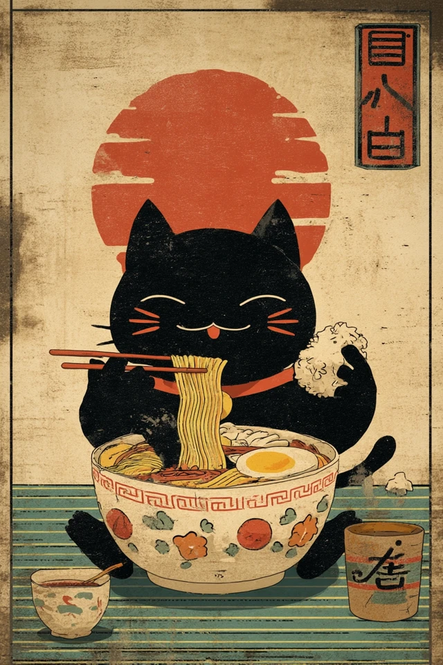Kawaii Black Cat Ramen Art Hayao Miyazaki