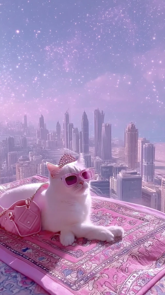 Glamorous Cat Riding Carpet Over City Pink Aesthetic