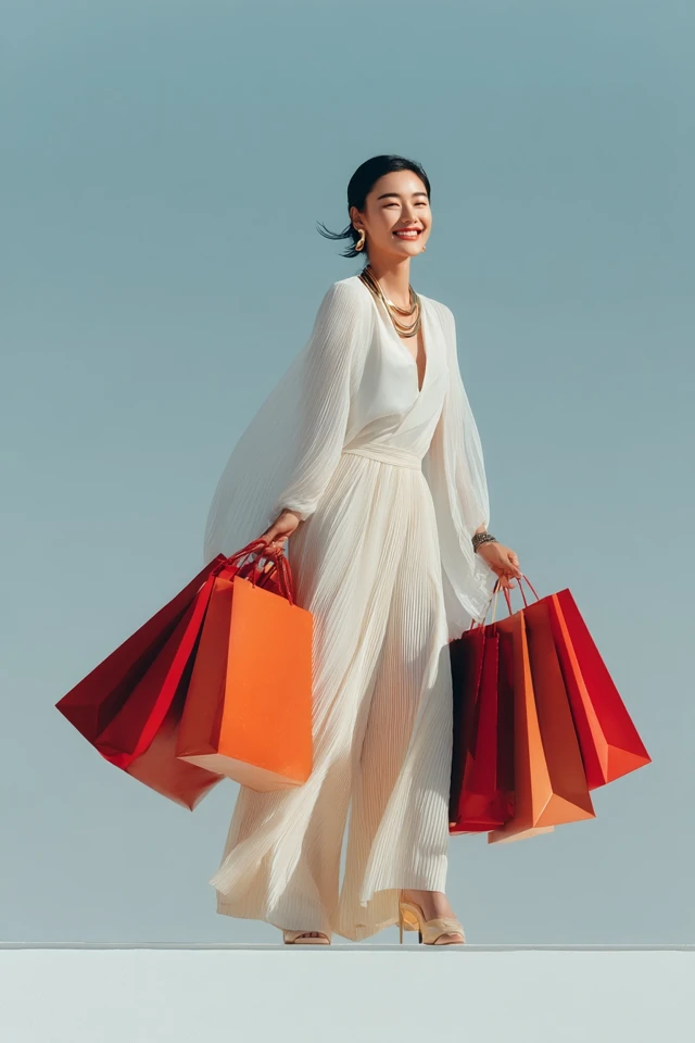 Asian Woman in White Fashion with Shopping Bags