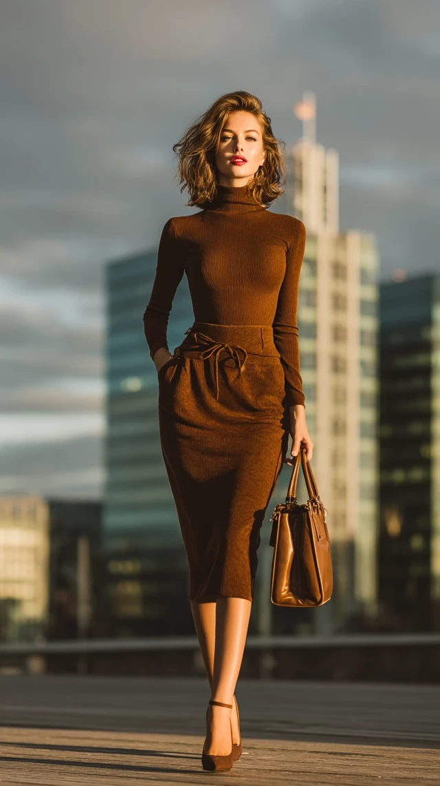 Stylish European Woman in Brown Dress Urban Fashion