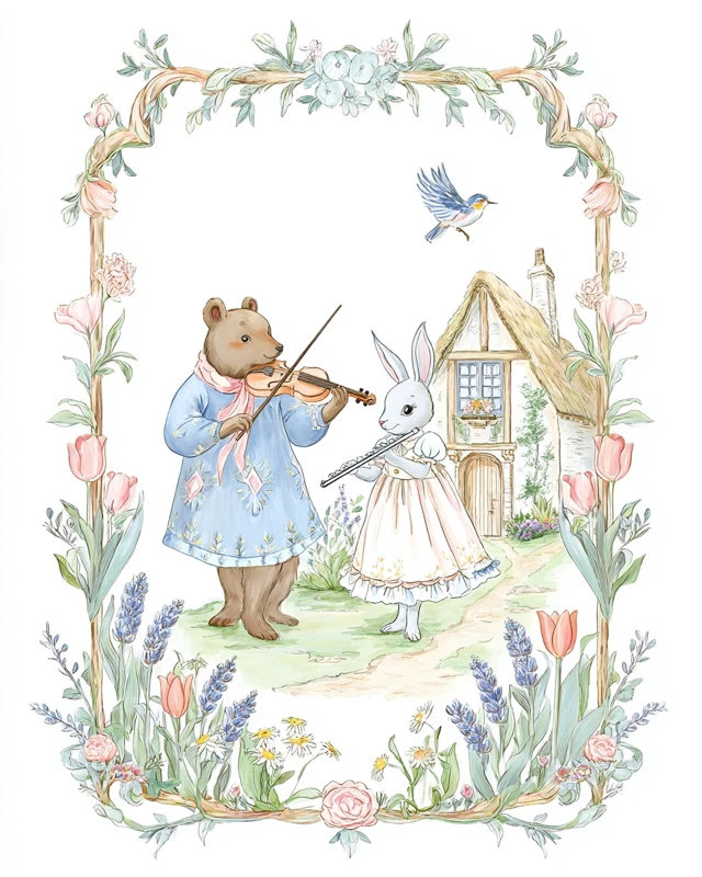 Childrens Book Cover Bear Rabbit Garden Cottage
