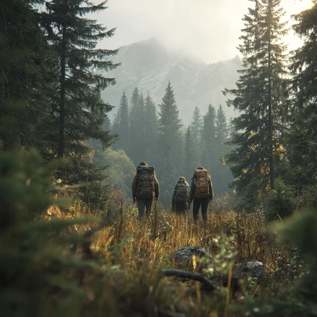 Hikers Exploring Forest Mountains Realistic Photo